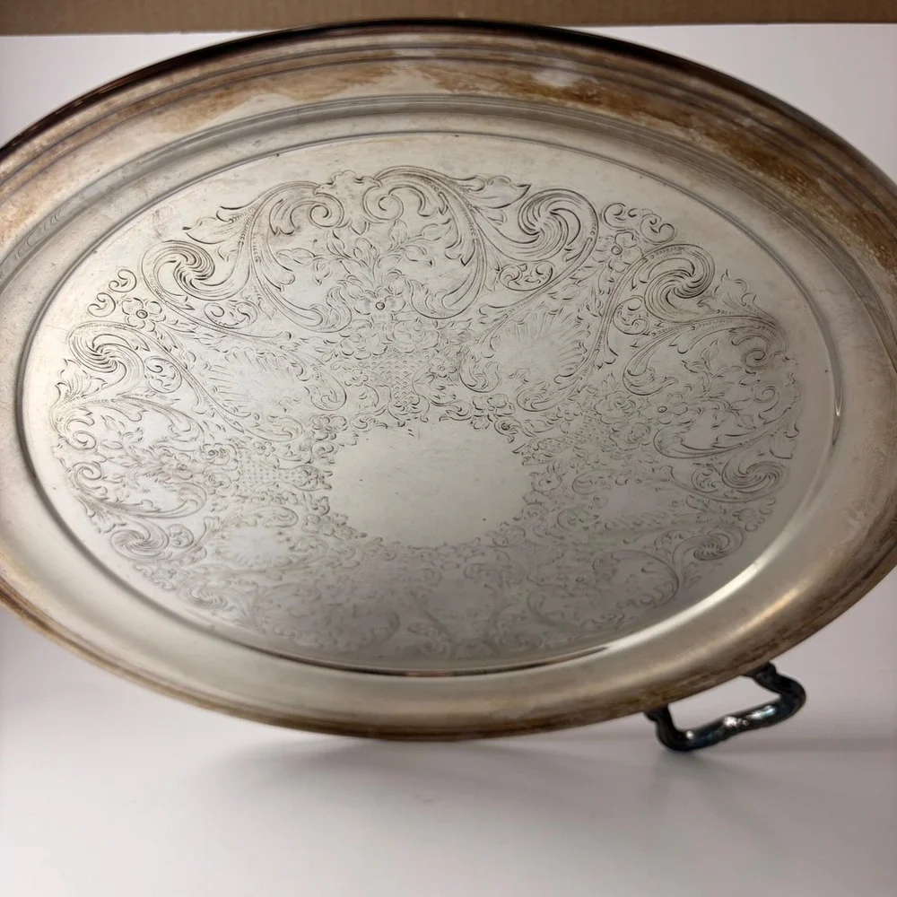 Sheridan‎ Silverplate Round Serving Tray Etched Floral Design with Handles 12in